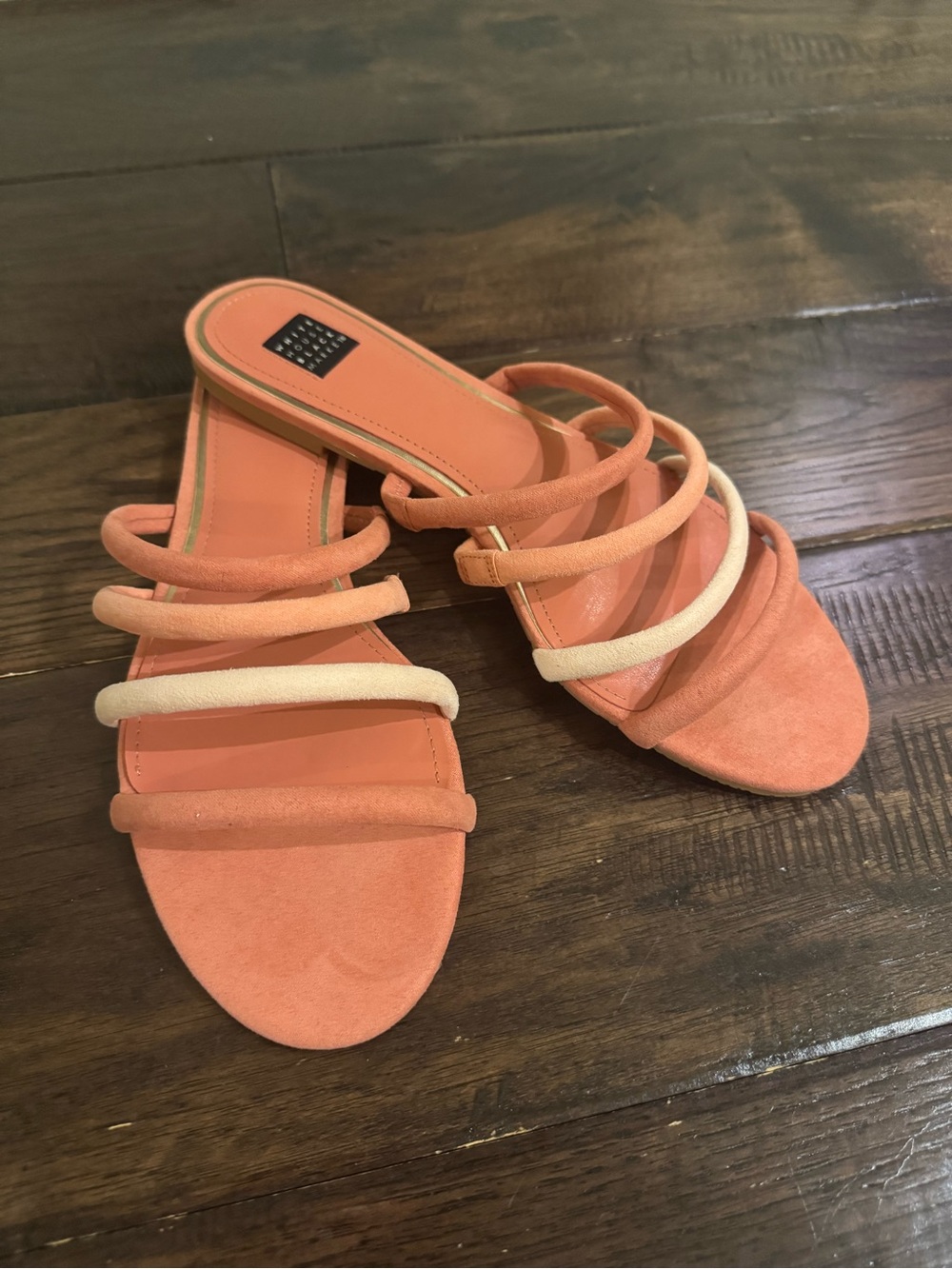 White House Black Market Coral and Cream Strappy Slide Sandals